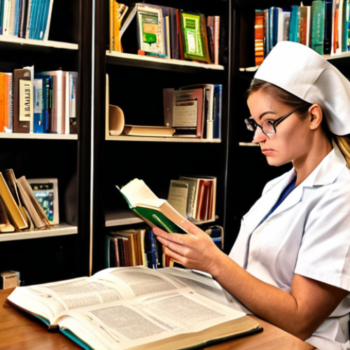 Home 7 **Image Prompt for Expanding Knowledge in Nursing**:
"An illustration of a nurse sitting in a cozy library, surrounded by stacks of medical books and scientific journals. The nurse is reading intently, with a look of curiosity and concentration, symbolizing the importance of reading for expanding knowledge in nursing."