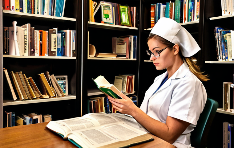 **Image Prompt for Expanding Knowledge in Nursing**:
"An illustration of a nurse sitting in a cozy library, surrounded by stacks of medical books and scientific journals. The nurse is reading intently, with a look of curiosity and concentration, symbolizing the importance of reading for expanding knowledge in nursing."
